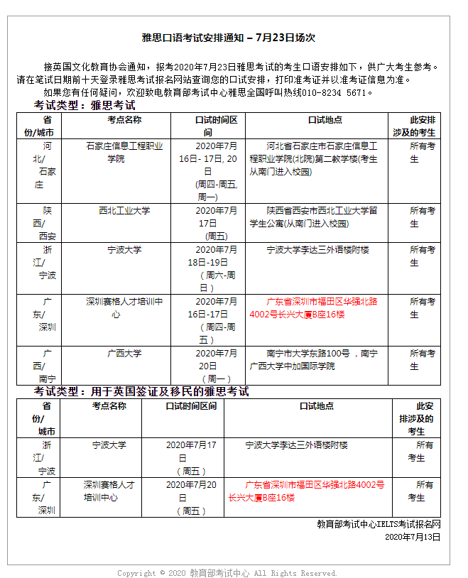 雅思口语考试安排通知