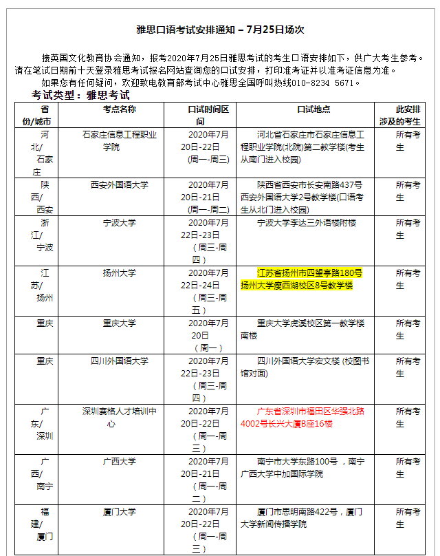 雅思口语考试安排通知