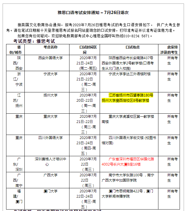 雅思口语考试安排通知